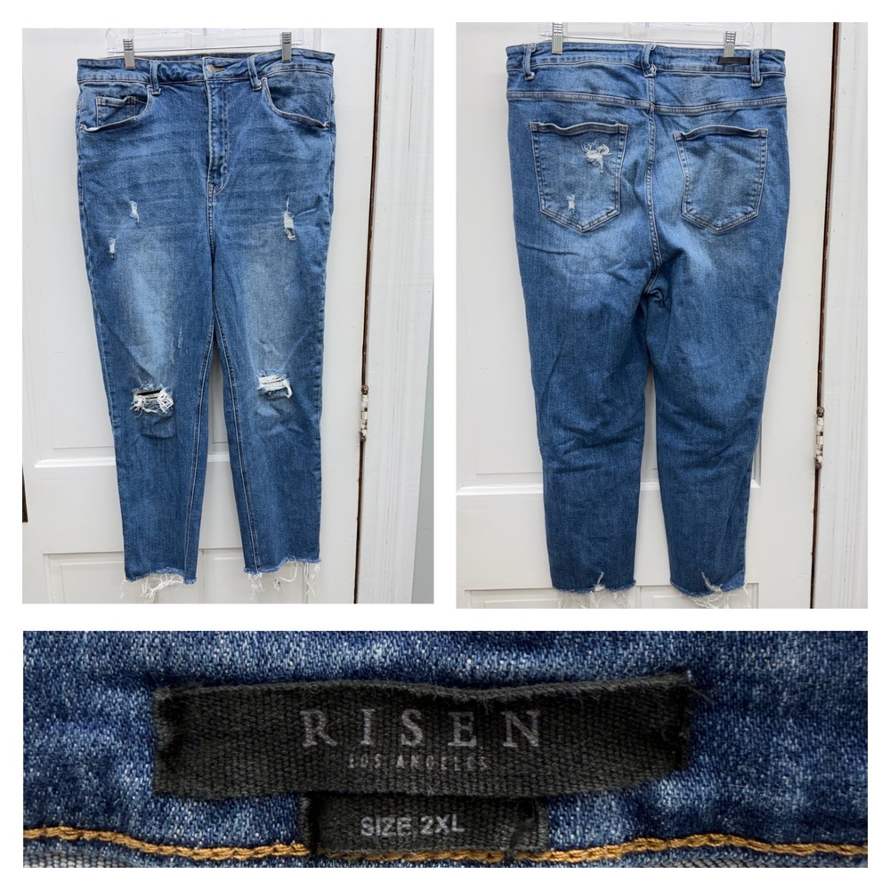 Risen high rise distressed raw hem straight leg crop denim jeans women's‎ 2xl